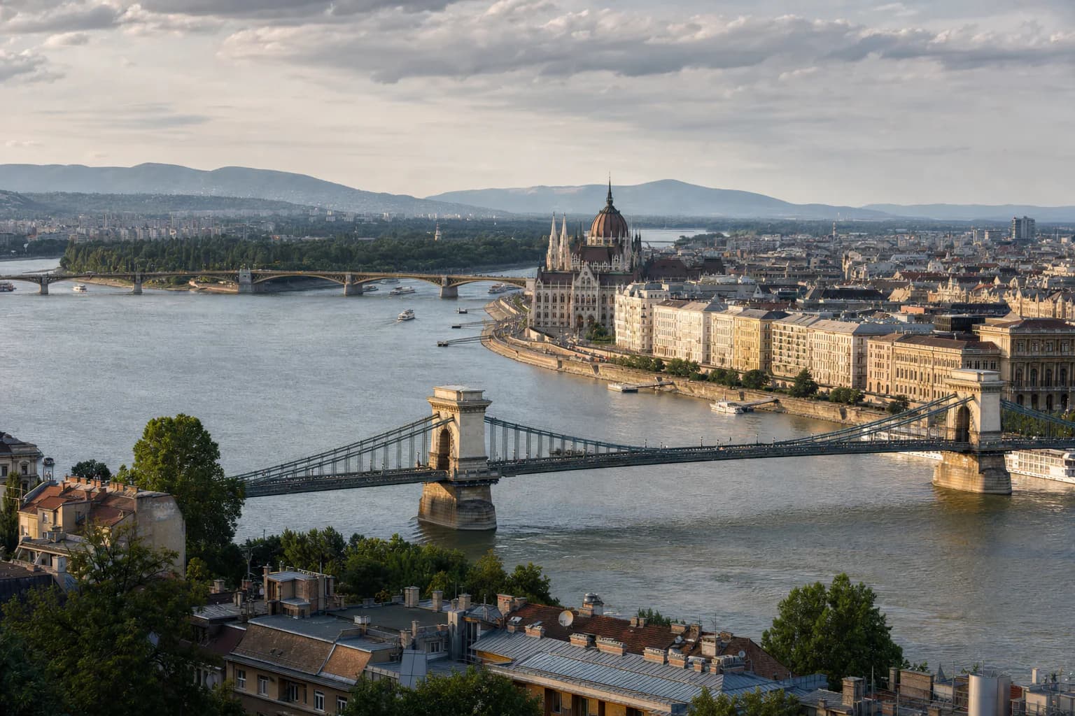 Budapest skyline across the Danube, with the Chain Bridge and Hungarian Parliament Building