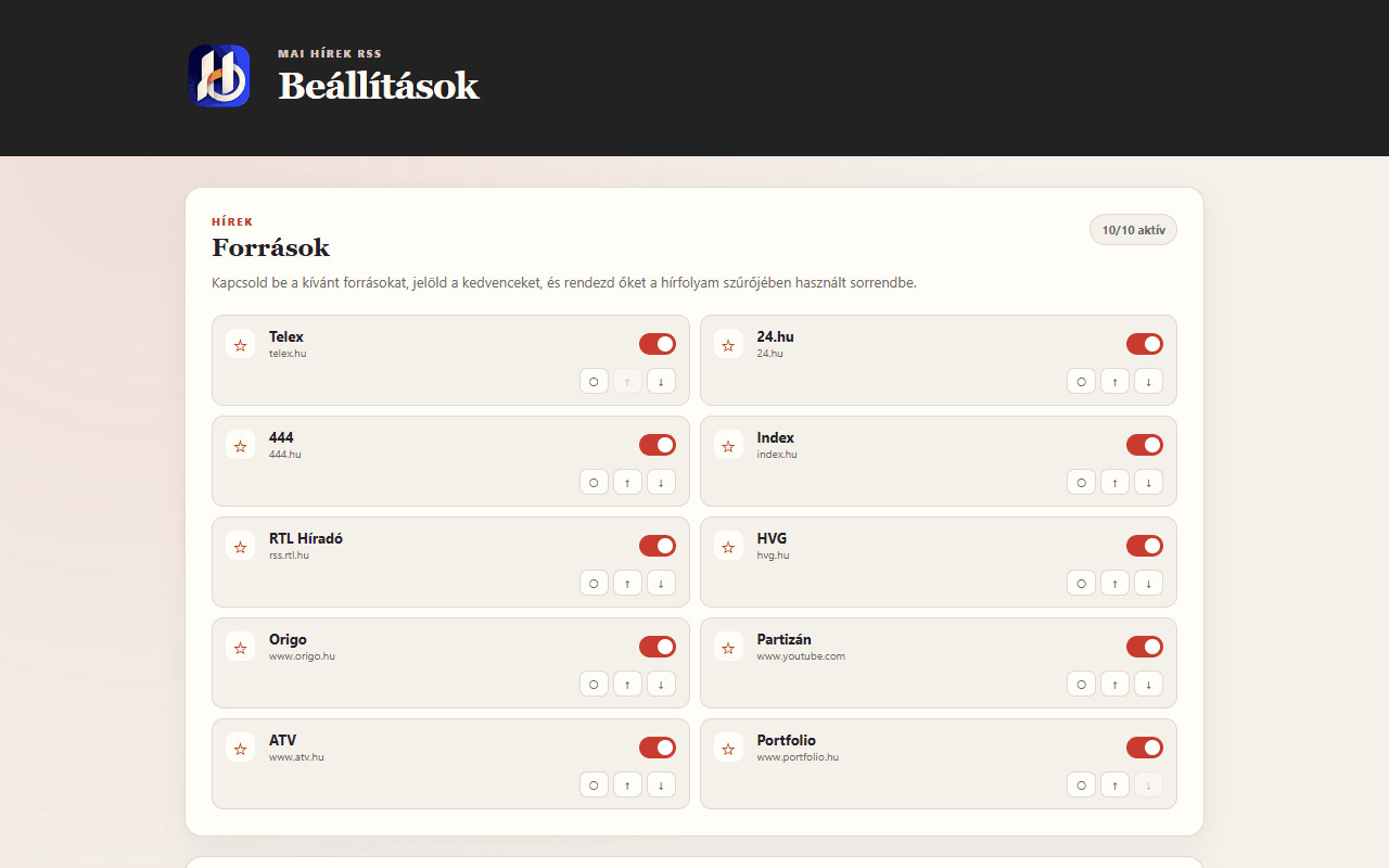 Mai hírek rss settings page with ten configured publishers