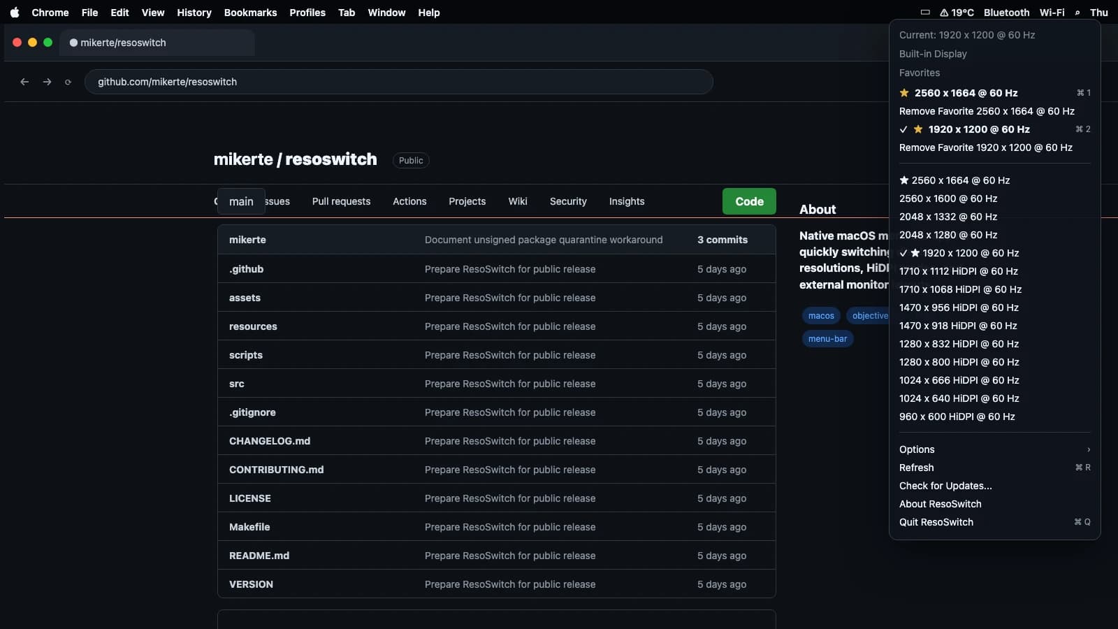 ResoSwitch menu bar preview