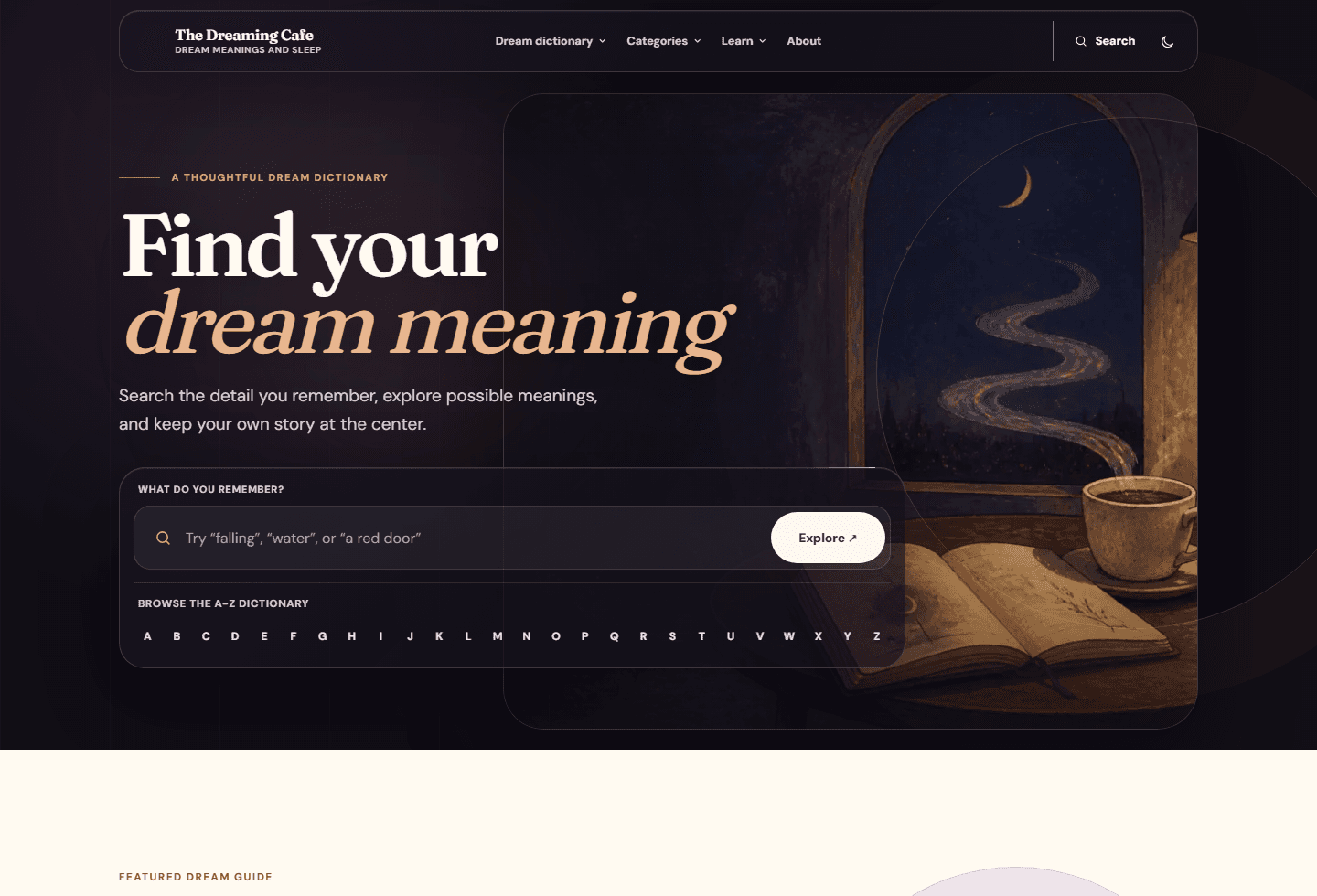 The Dreaming Cafe homepage with search and A–Z dream dictionary links