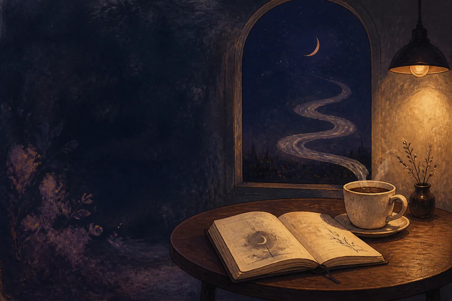 Dream journal and coffee beside a moonlit window