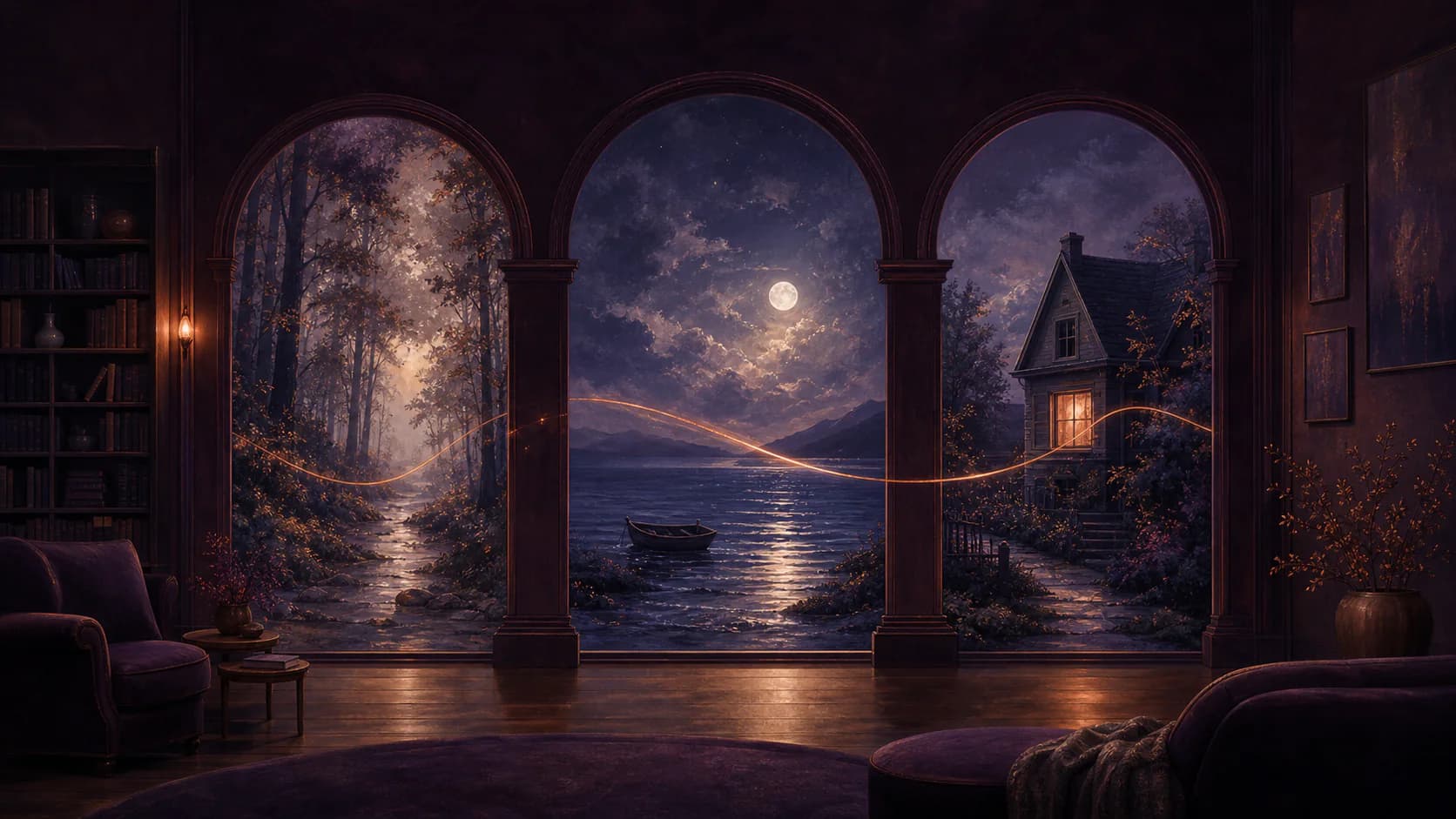 Three moonlit scenes connected by a warm line