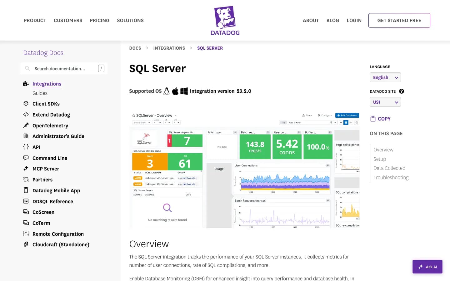 Datadog SQL Server integration documentation page