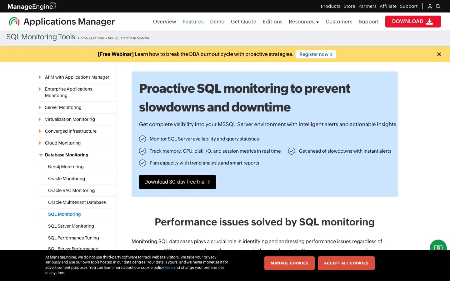 ManageEngine SQL monitoring product page