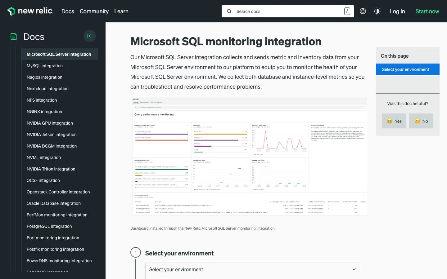 New Relic Microsoft SQL monitoring documentation page