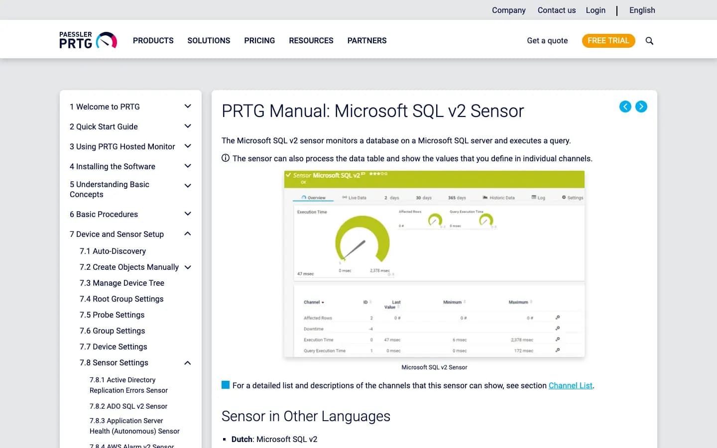 Paessler PRTG Microsoft SQL v2 sensor documentation page