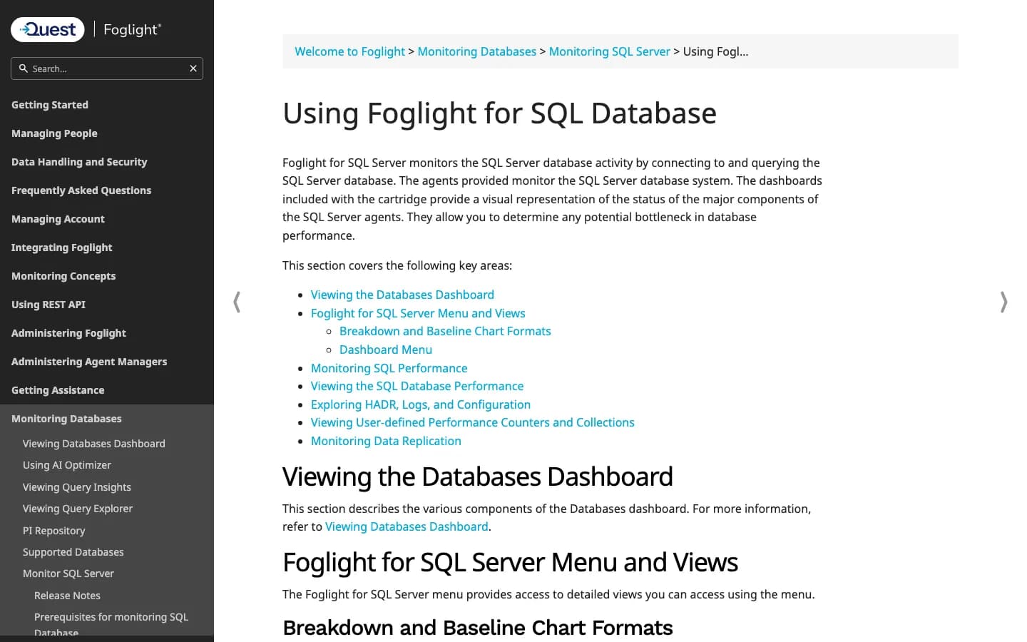 Quest Foglight for SQL Server documentation page