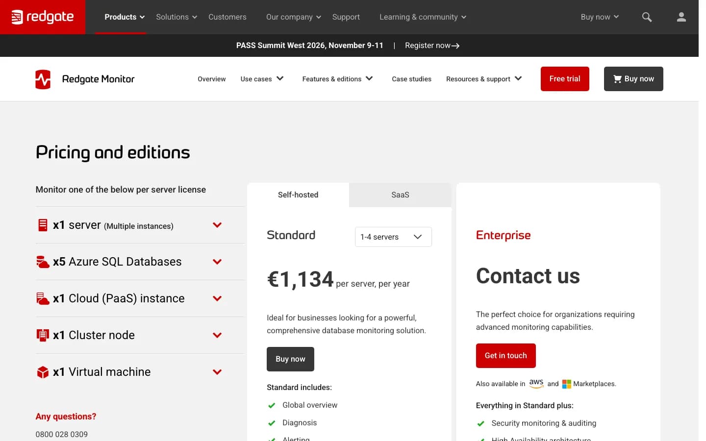 Redgate Monitor pricing and editions page
