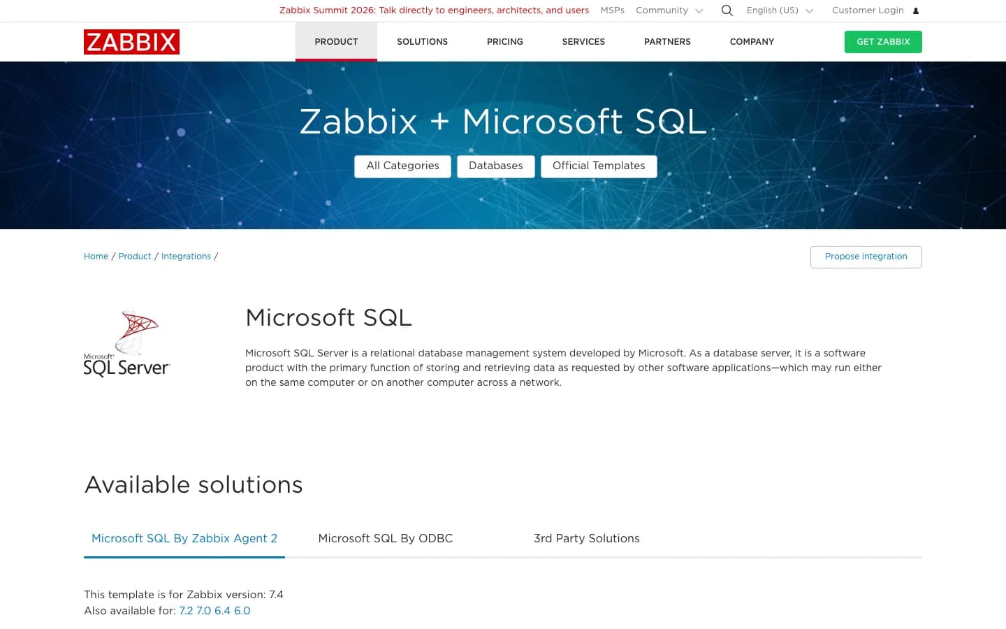 Zabbix MSSQL monitoring integration page
