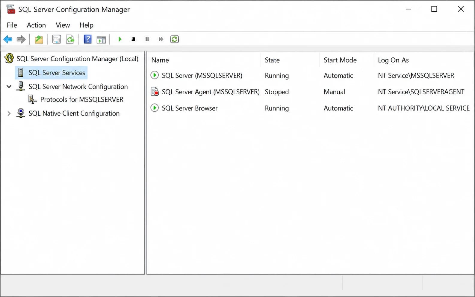 Illustrative SQL Server Configuration Manager window showing SQL Server Services and network configuration nodes