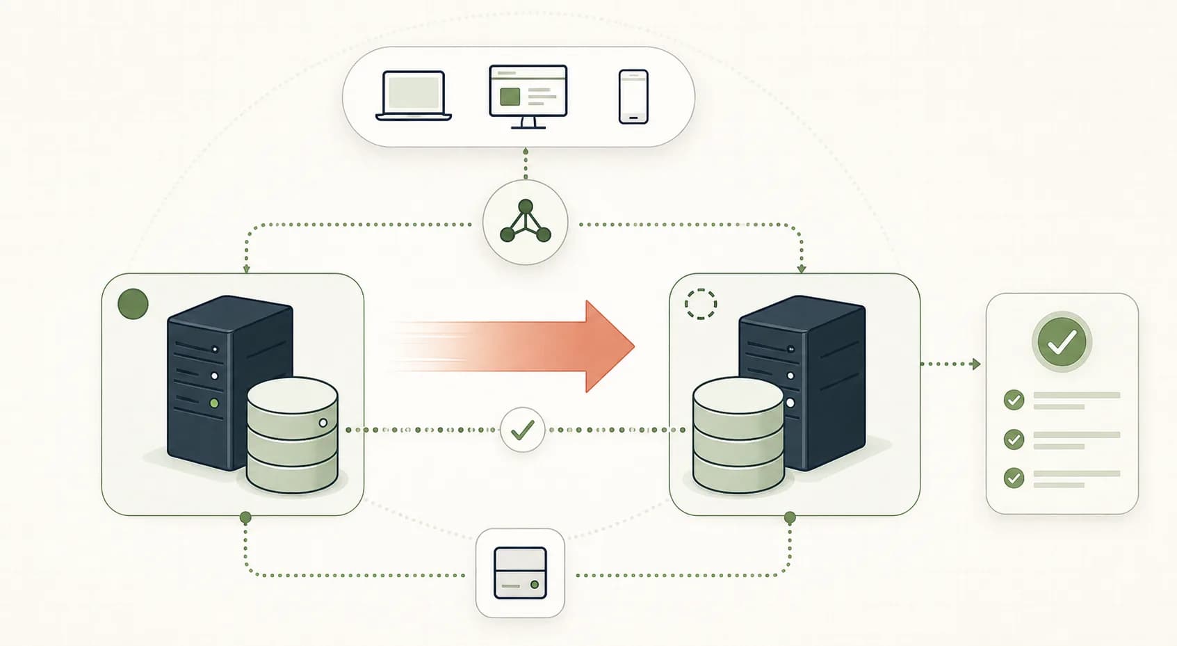 SQL Server failover diagram with primary replica, secondary replica, listener path, witness signal, role switch, and validation check