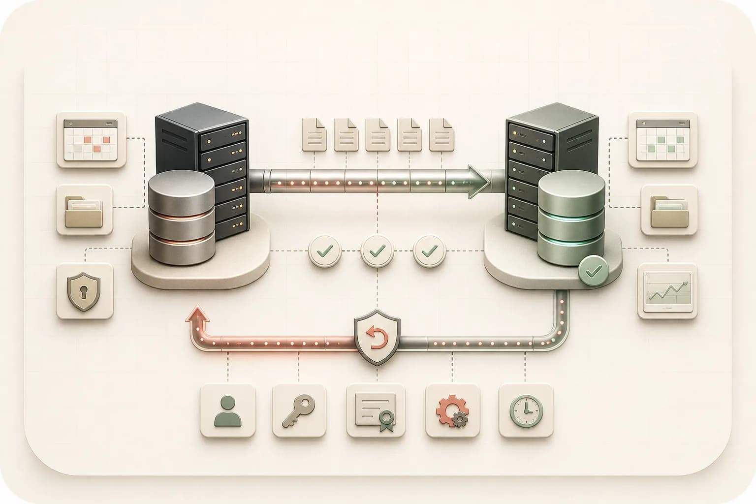 SQL Server migration diagram showing source and target servers, validation checks, and rollback path