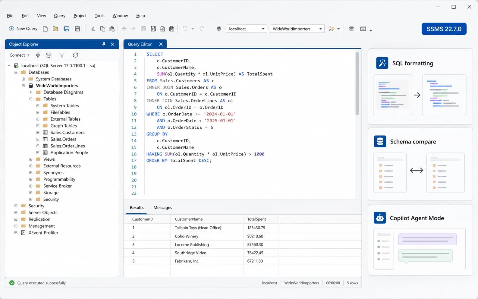 Illustrative SSMS 22.7.0 workspace with SQL formatting, schema compare, and Copilot Agent Mode feature panels