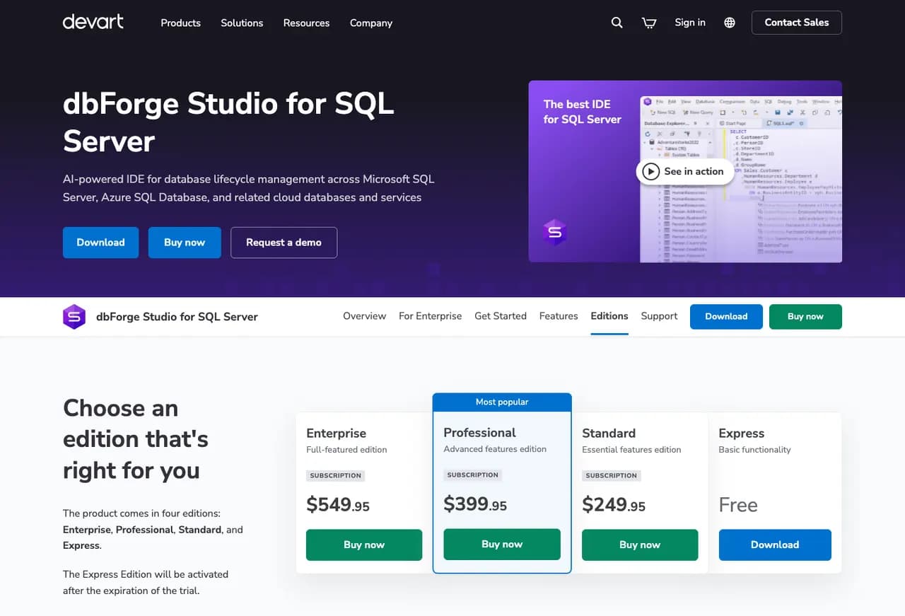 dbForge Studio for SQL Server editions page