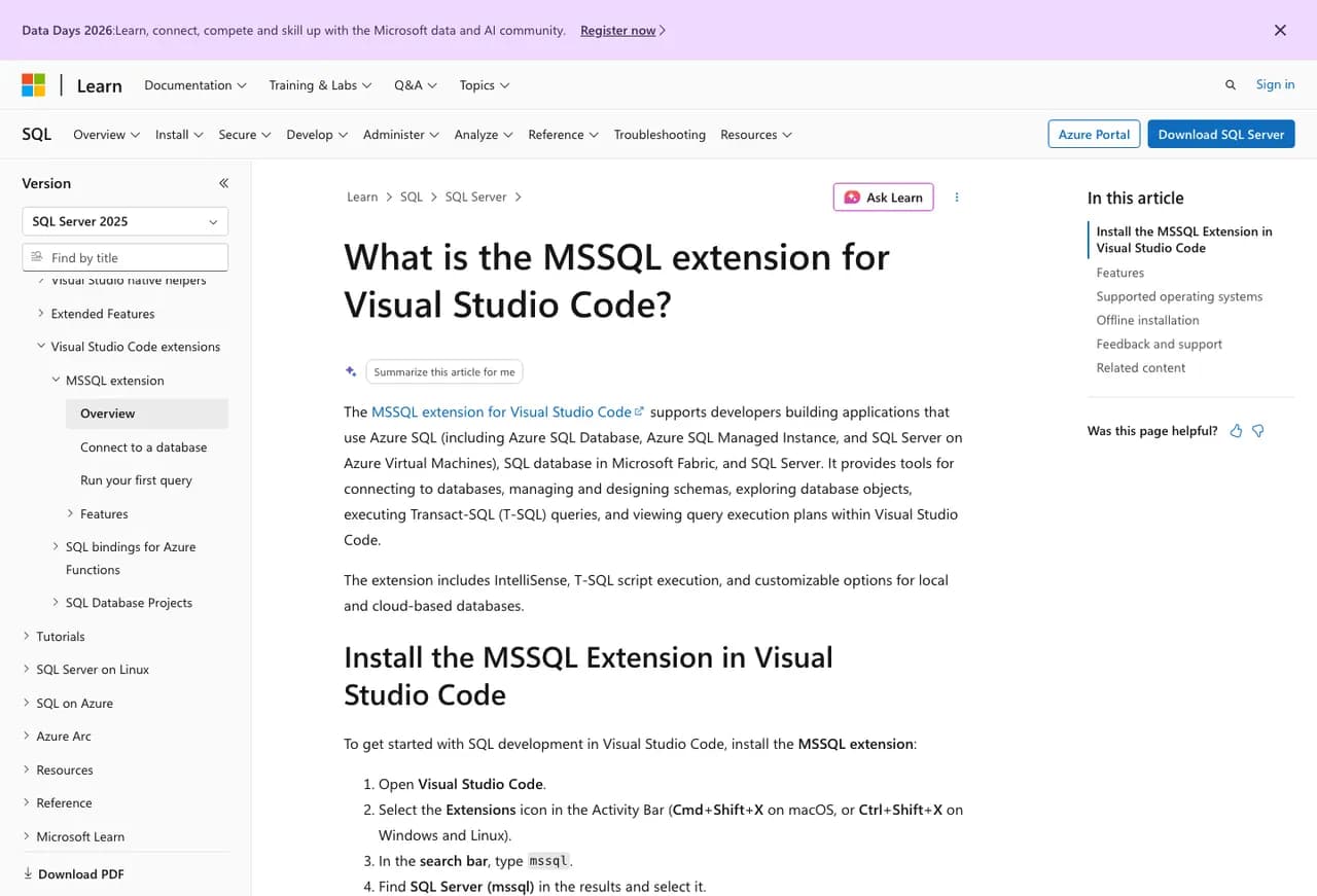 Microsoft Learn page for the MSSQL extension for Visual Studio Code