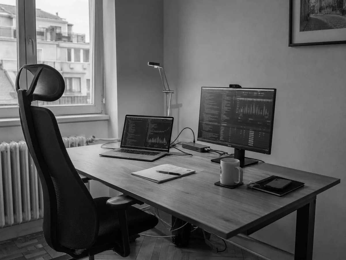 Realistic Budapest office with a laptop and database monitoring workstation