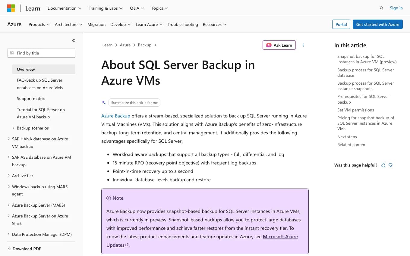 Microsoft Learn Azure Backup for SQL Server on Azure VMs page