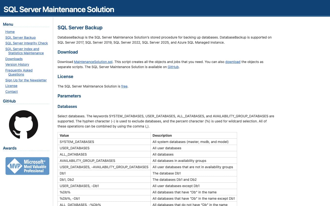 Ola Hallengren SQL Server backup documentation page