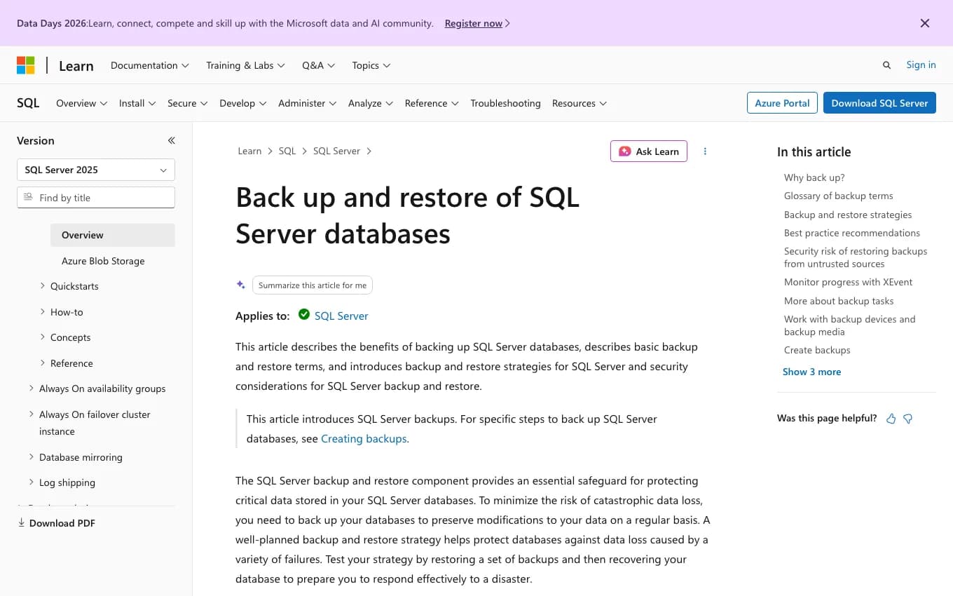 Microsoft Learn SQL Server backup and restore documentation page