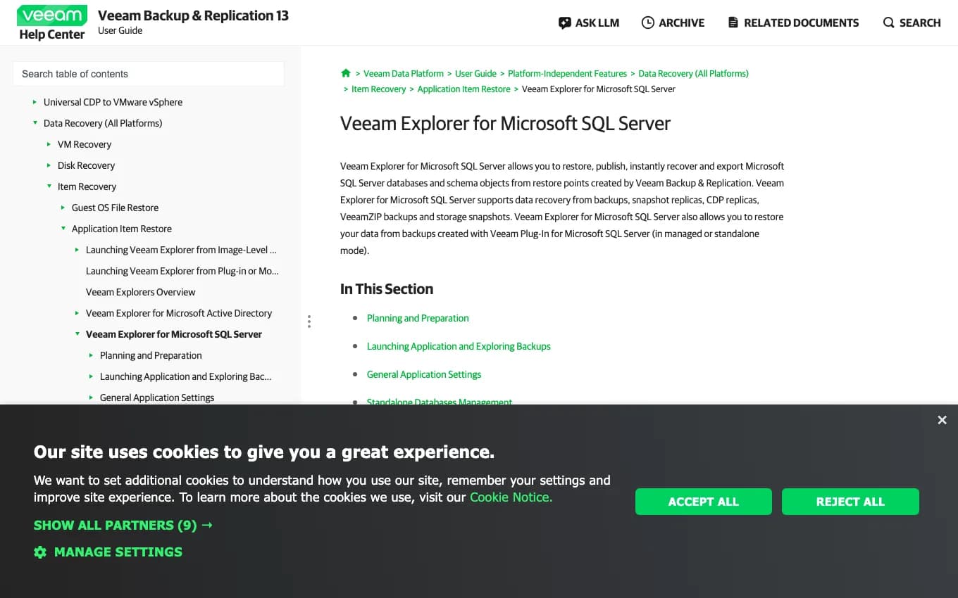 Veeam Explorer for Microsoft SQL Server documentation page