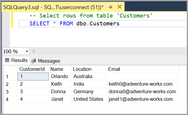 SSMS query editor running SELECT from a Customers table with a Results grid and Messages tab below