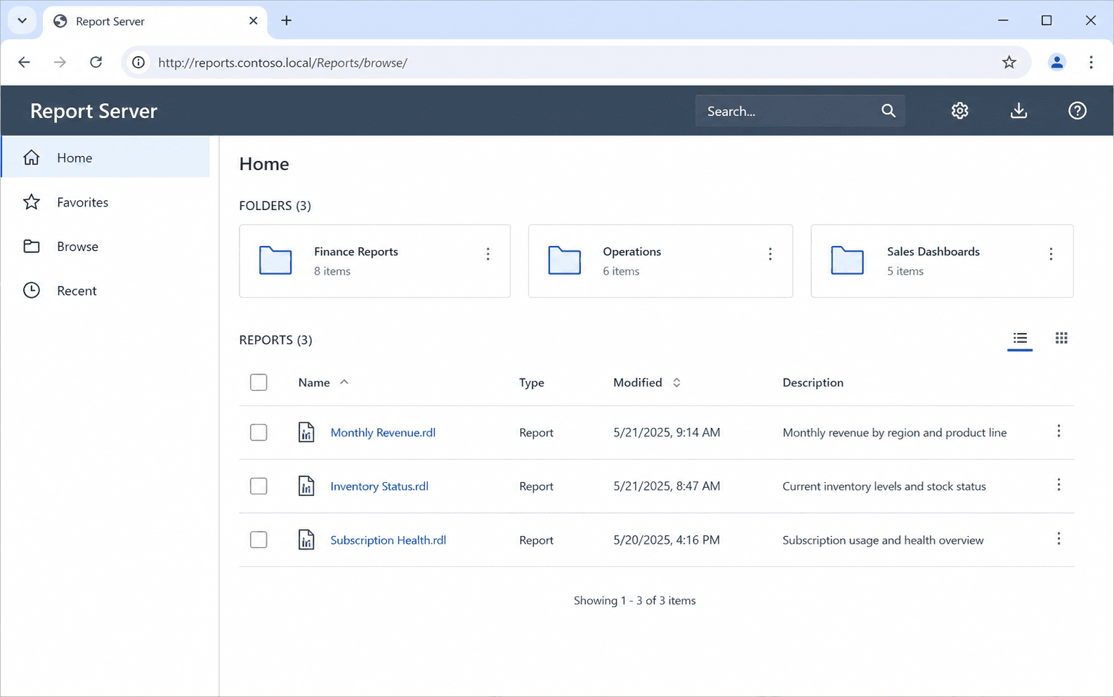 Generated preview of a SQL Server Reporting Services web portal with folders and paginated reports.