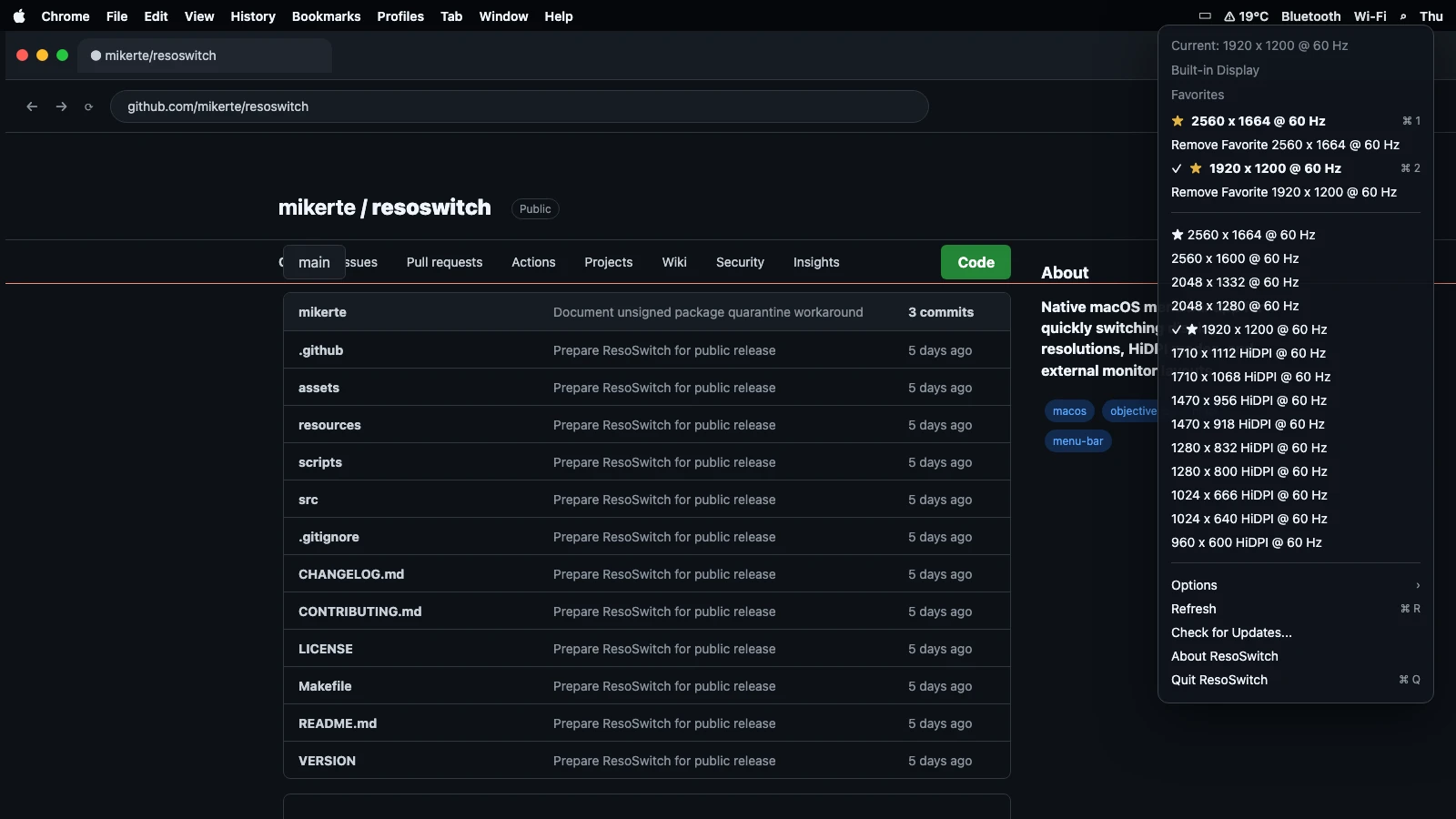 ResoSwitch menu bar preview